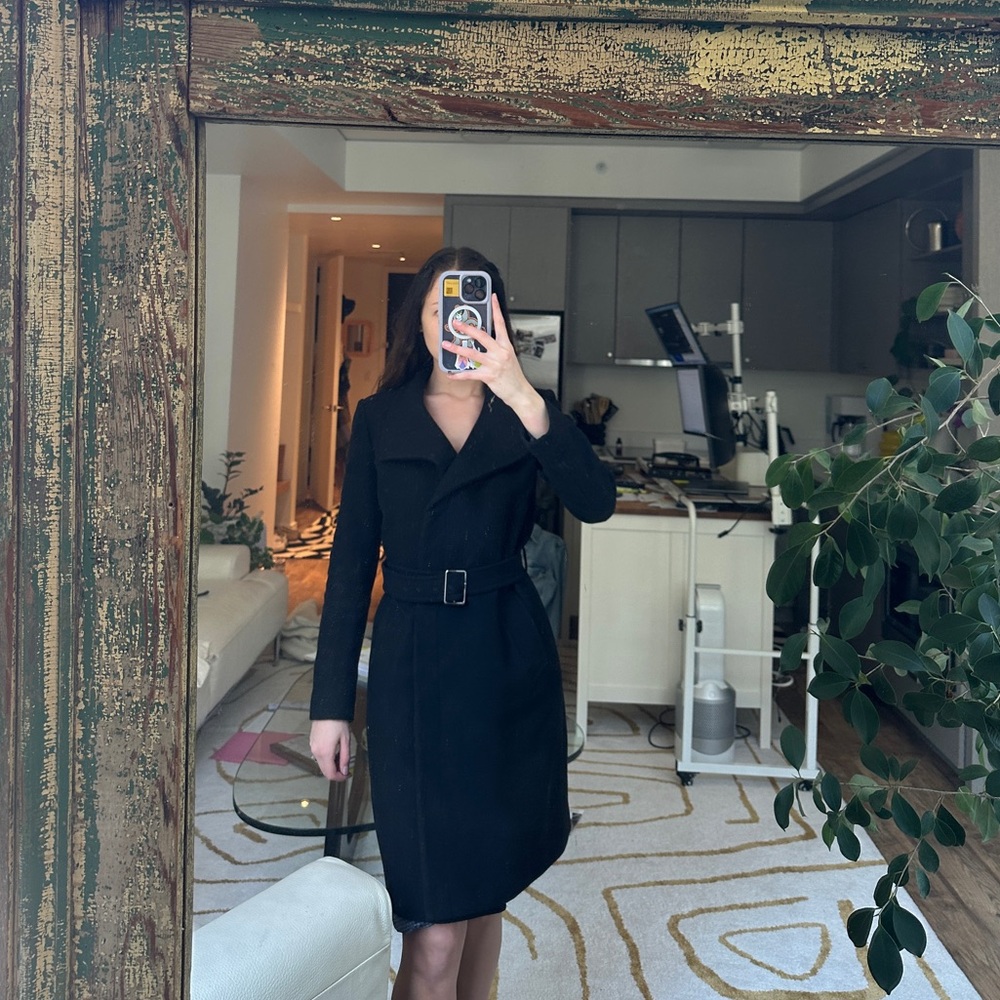 Cole Haan Womens Belted Wool Long Black Coat Size 4 Pockets